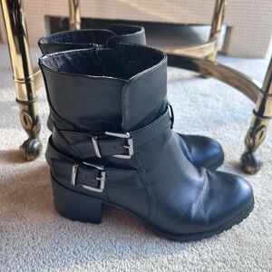 JustFab Toya Black and Silver Buckle Moto Booties Size 7